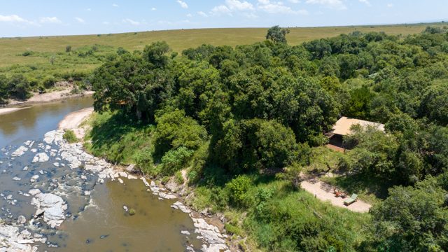 Aerial view of the camp beside the river