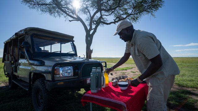 Bush breakfast served from a safari vehicle